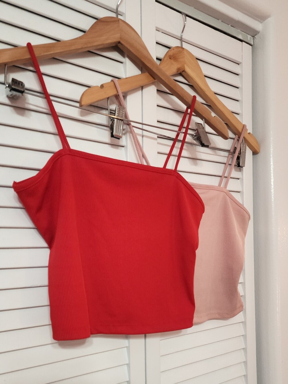 2 Spaghetti Strap Ribbed Crop Tops- Red + Light Pink, MEDIUM